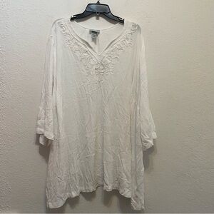Catherines Tunic Top Womens 3XP White Boho Neckline Gauze Lagenlook Blouse NEW